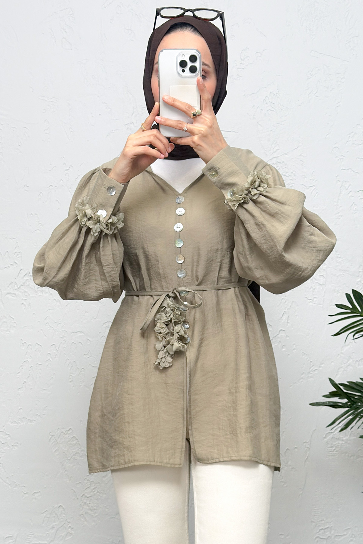 Çiçek Aksesuarlı Gömlek 0064 - HAKİ |  