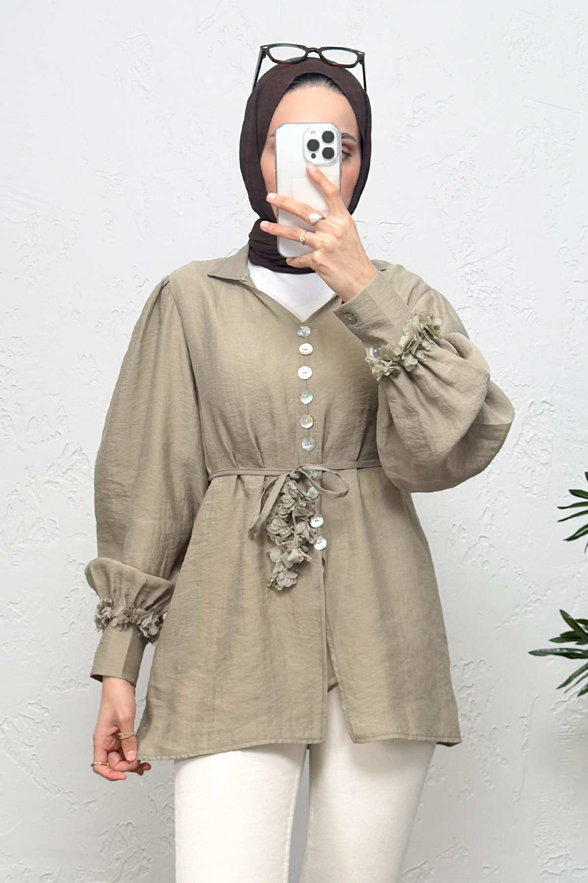 Çiçek Aksesuarlı Gömlek 0064 - HAKİ |  