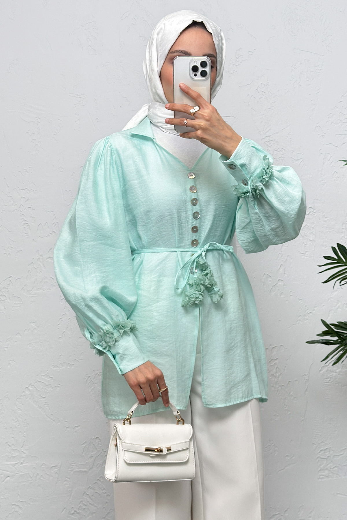 Çiçek Aksesuarlı Gömlek 0064 - MİNT YEŞİLİ |  