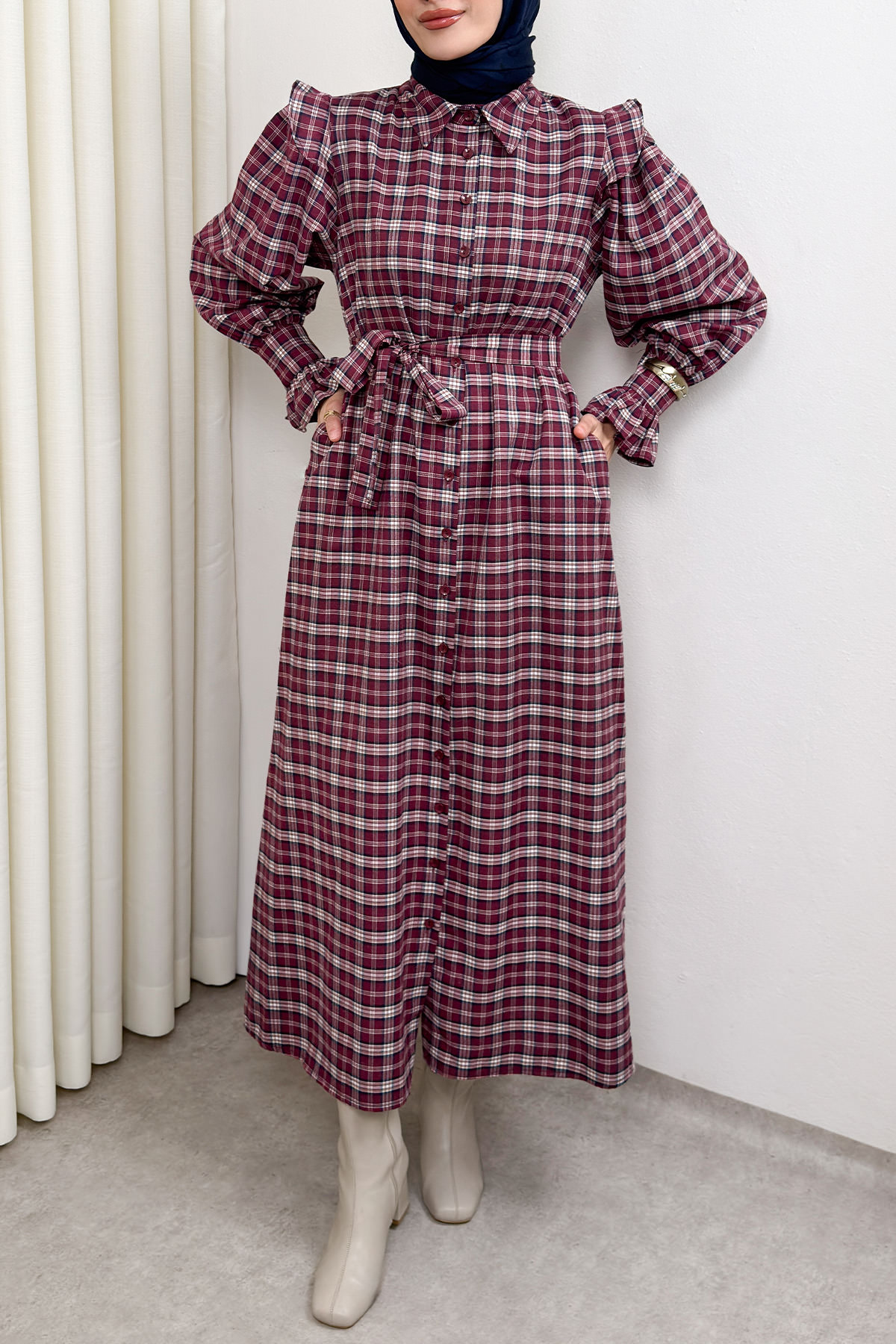 Kuşaklı Ekose Elbise 0066 - BORDO |  