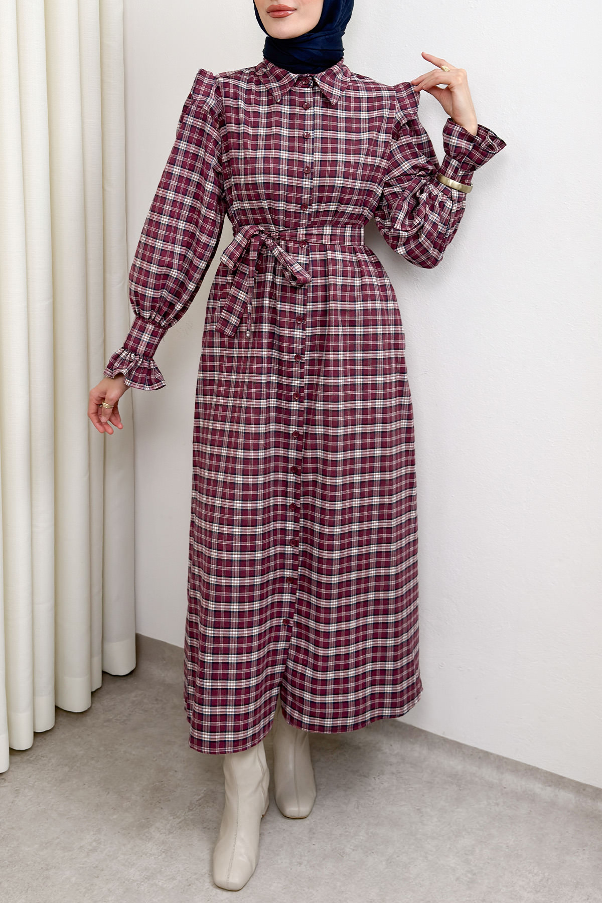 Kuşaklı Ekose Elbise 0066 - BORDO |  