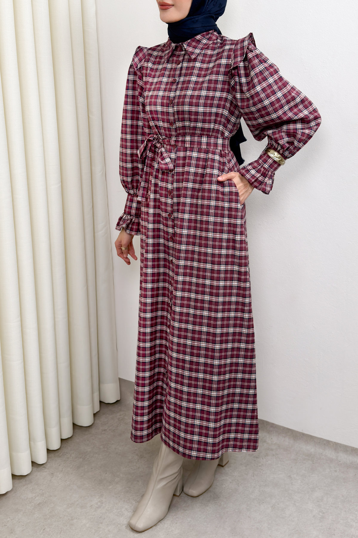 Kuşaklı Ekose Elbise 0066 - BORDO |  