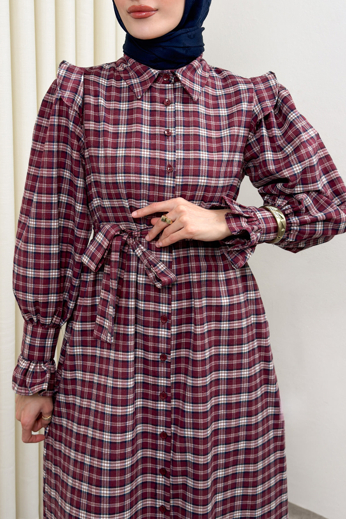 Kuşaklı Ekose Elbise 0066 - BORDO |  