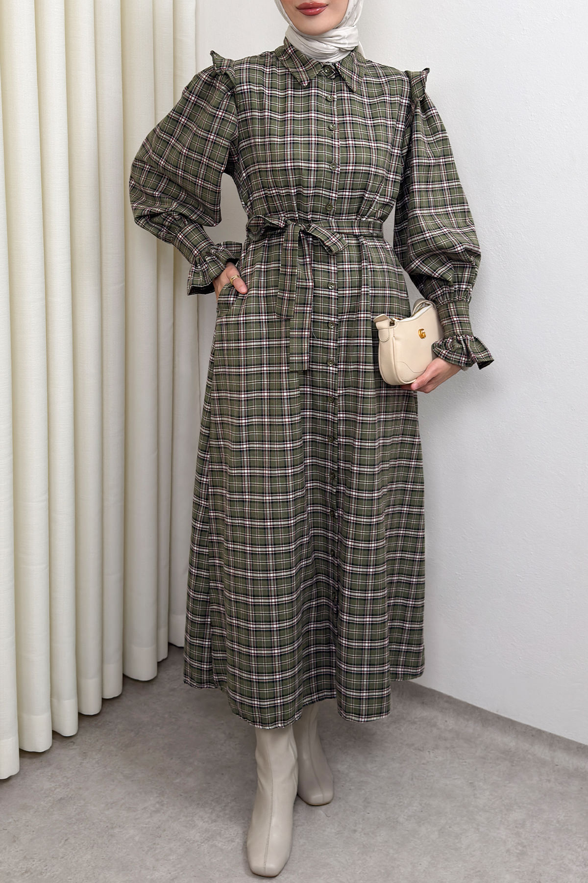 Kuşaklı Ekose Elbise 0066 - HAKİ |  