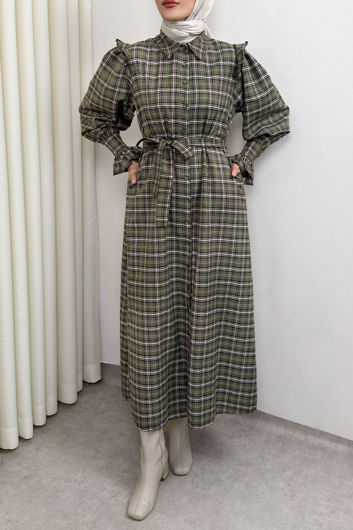 Kuşaklı Ekose Elbise 0066 - HAKİ |  