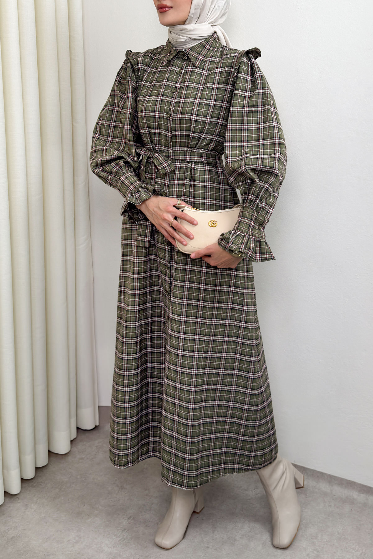 Kuşaklı Ekose Elbise 0066 - HAKİ |  