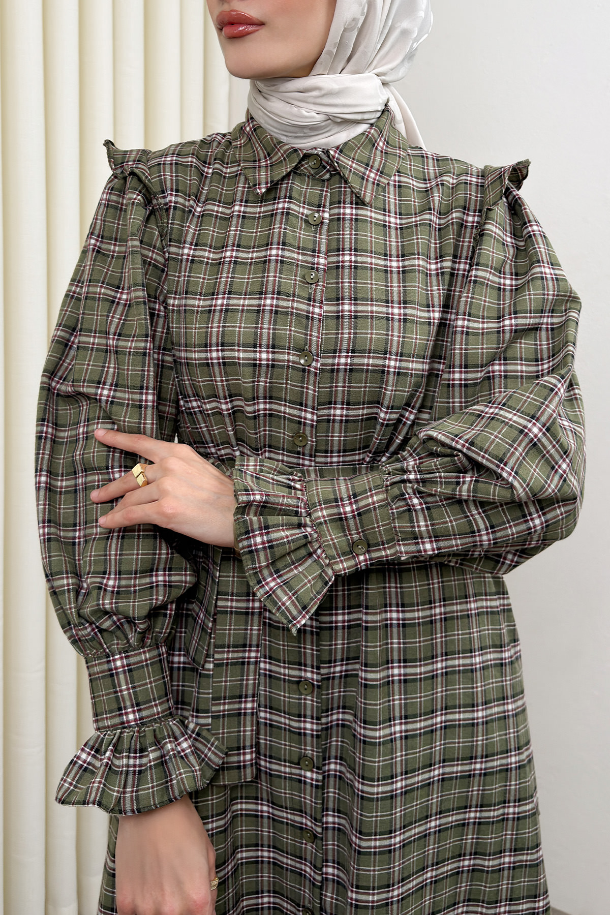 Kuşaklı Ekose Elbise 0066 - HAKİ |  