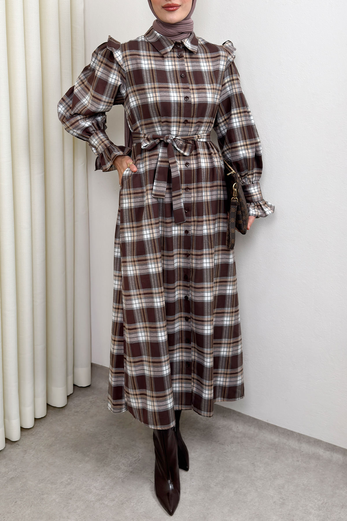 Kuşaklı Ekose Elbise 0066 - KAHVERENGİ |  