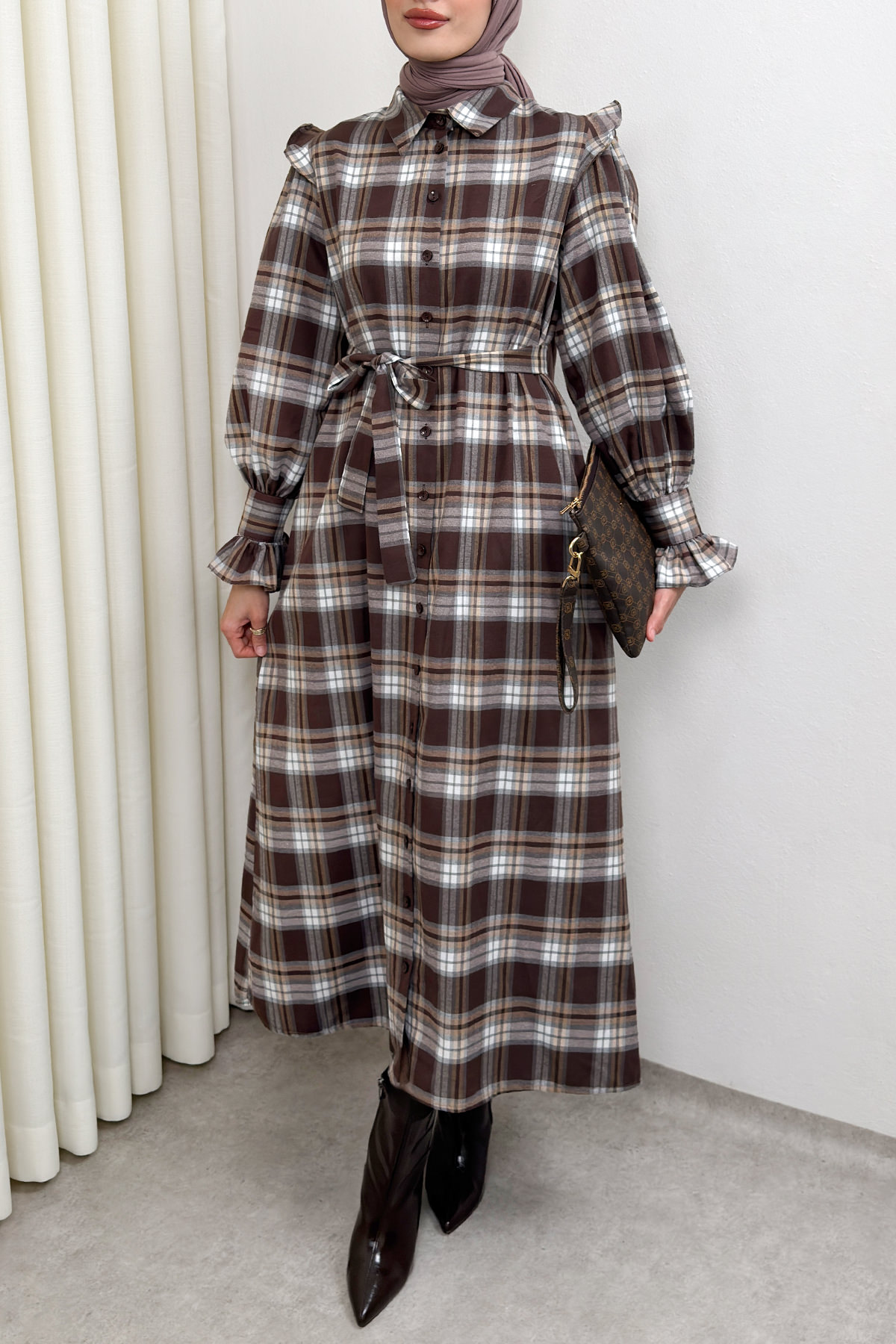 Kuşaklı Ekose Elbise 0066 - KAHVERENGİ |  