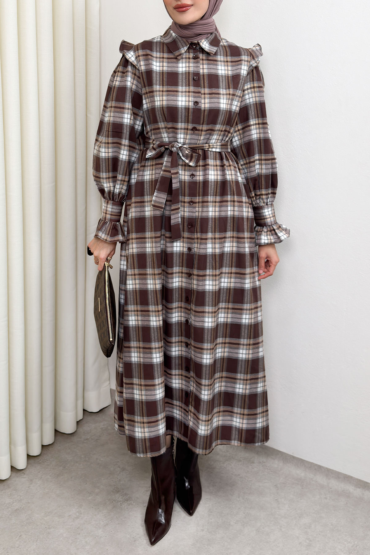 Kuşaklı Ekose Elbise 0066 - KAHVERENGİ |  