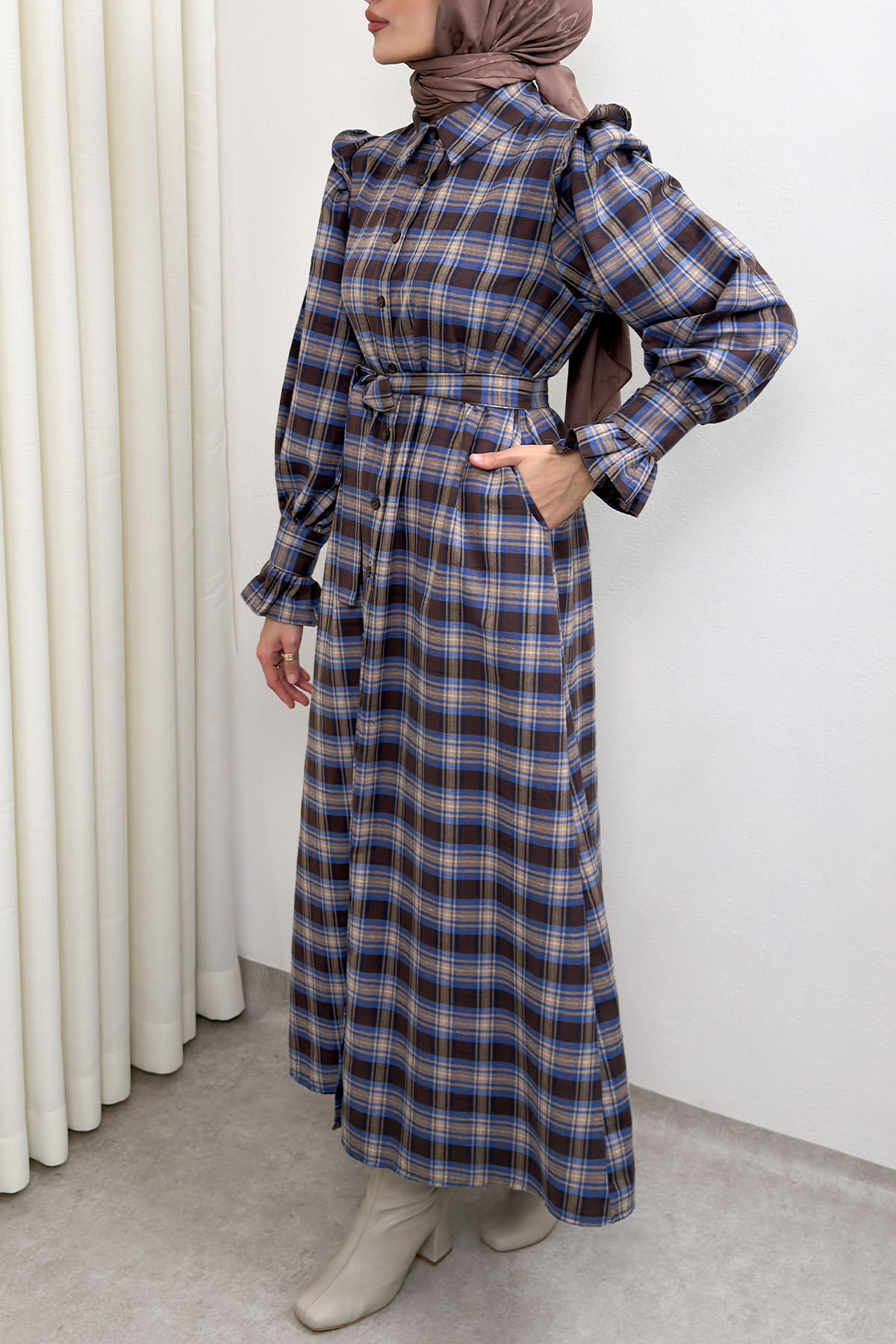 Kuşaklı Ekose Elbise 0066 - LACİVERT |  