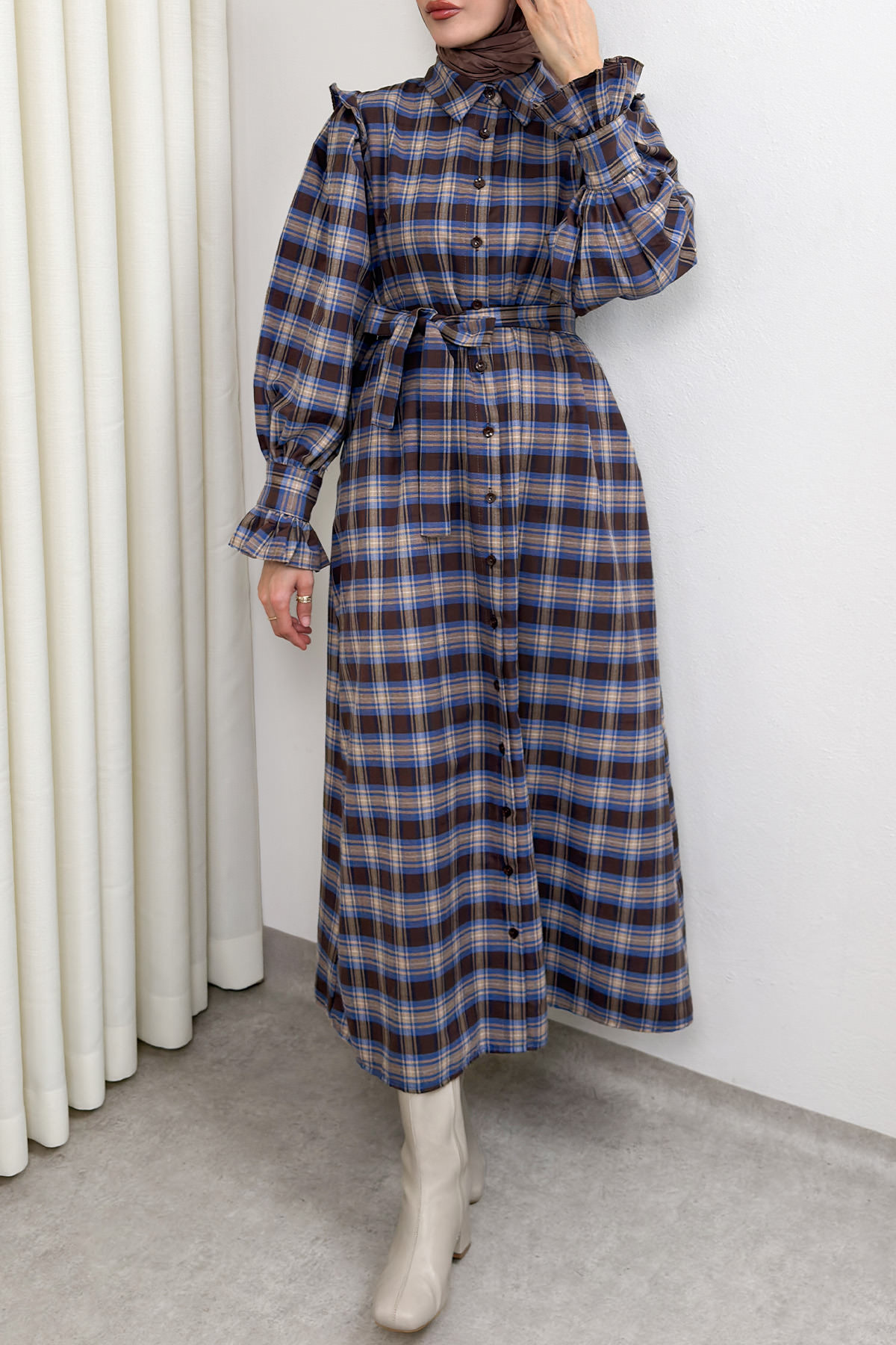 Kuşaklı Ekose Elbise 0066 - LACİVERT |  