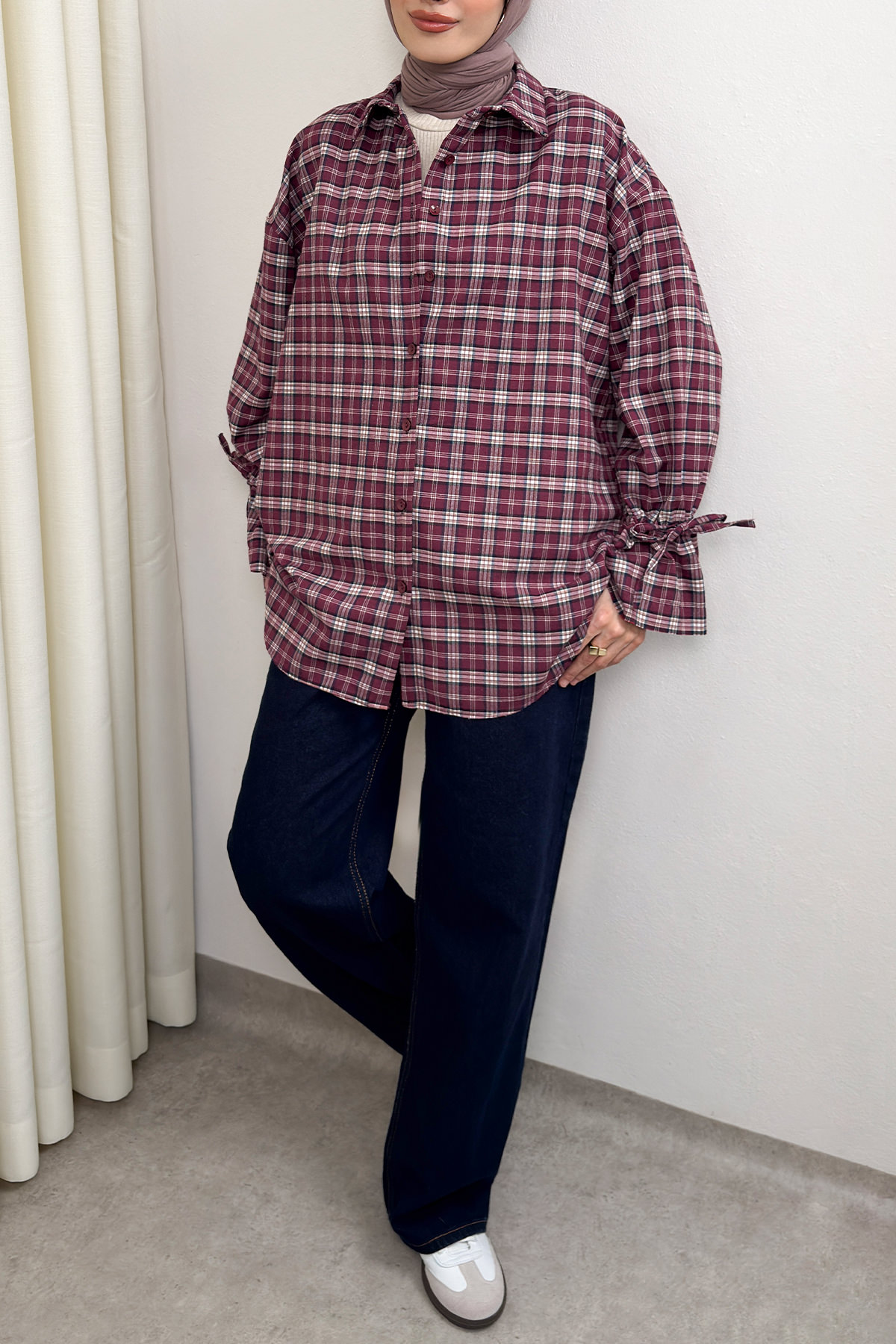 Kol Büzgülü Ekoseli Gömlek 0067 - BORDO |  