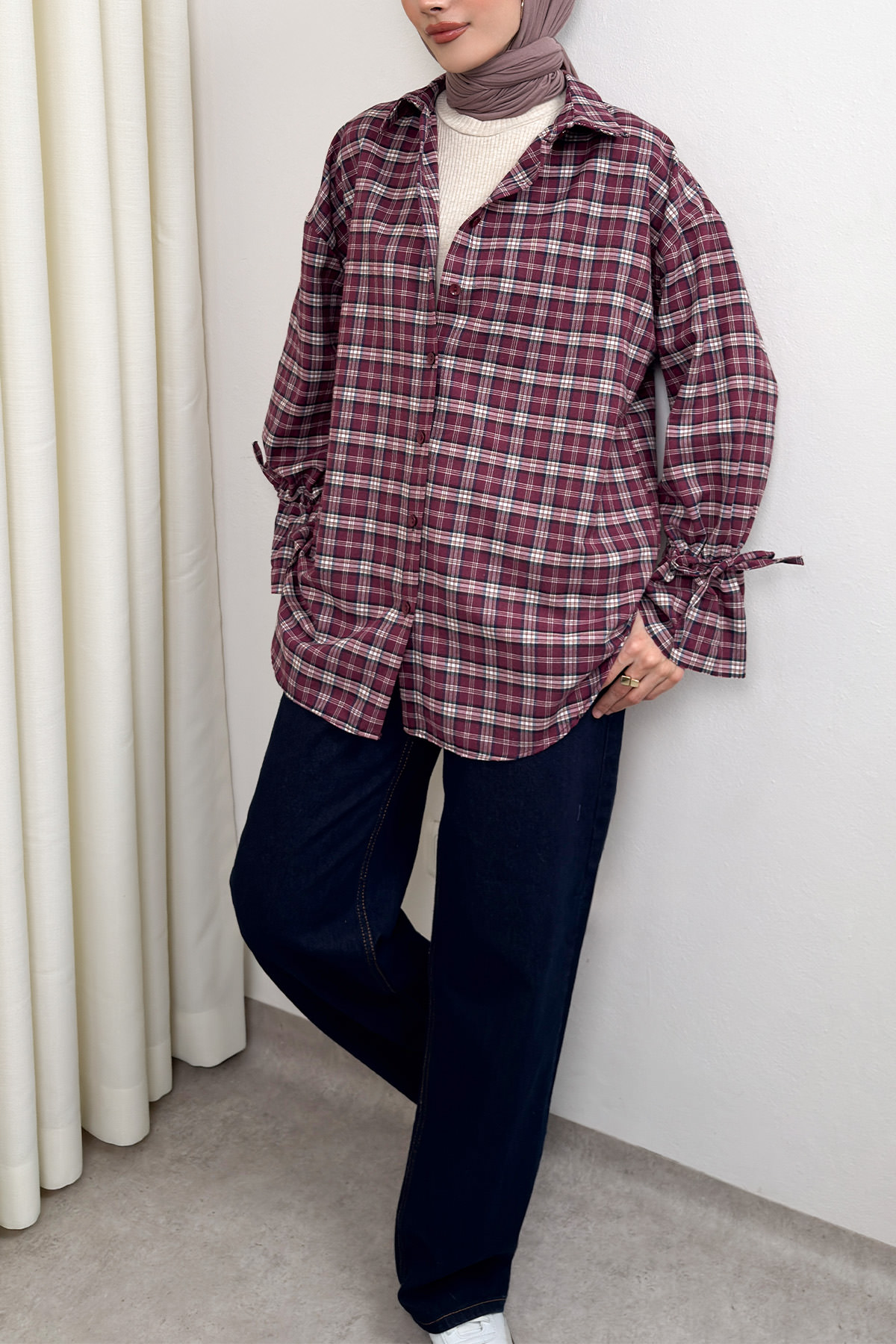 Kol Büzgülü Ekoseli Gömlek 0067 - BORDO |  