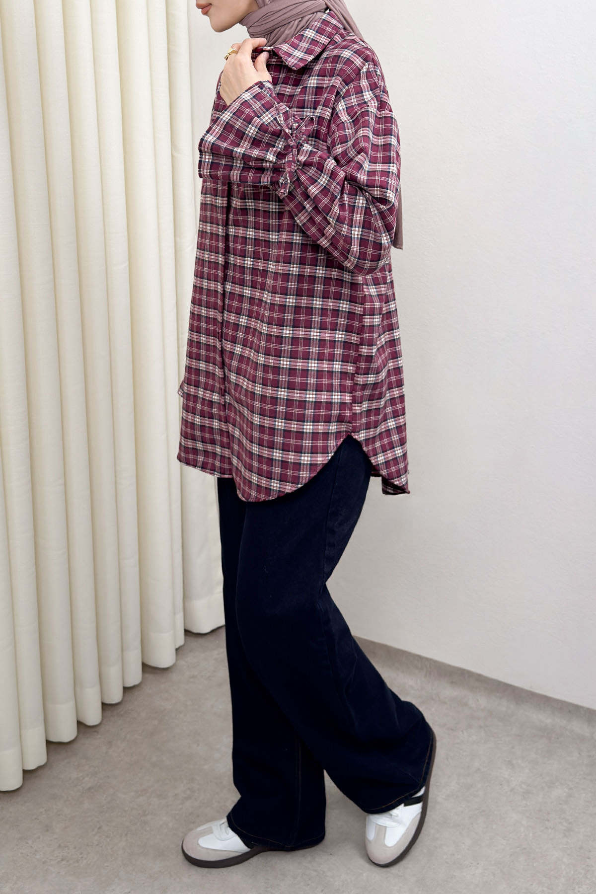 Kol Büzgülü Ekoseli Gömlek 0067 - BORDO |  