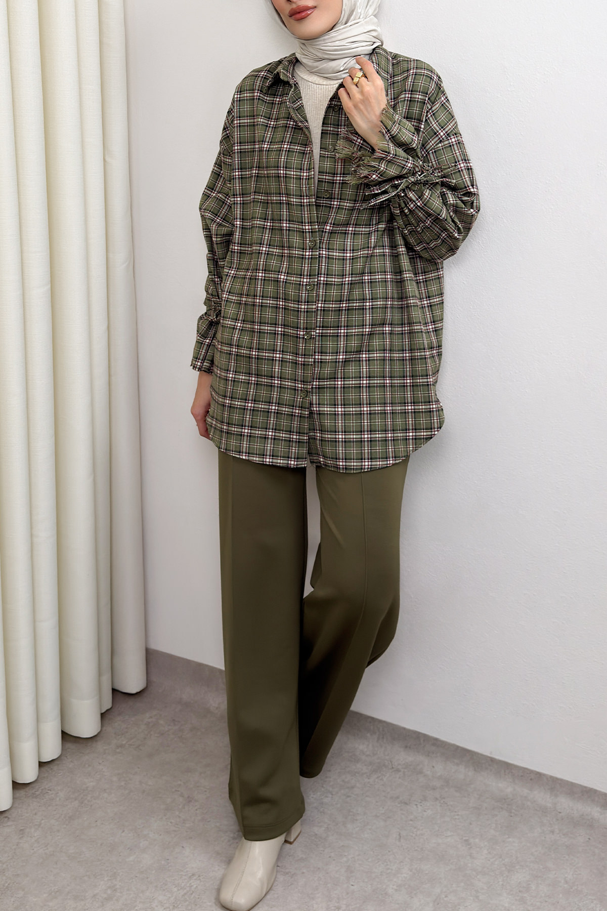 Kol Büzgülü Ekoseli Gömlek 0067 - HAKİ |  