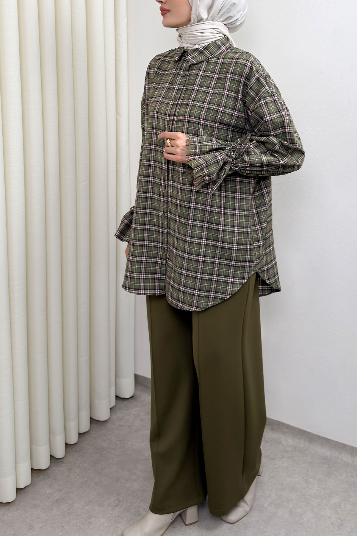 Kol Büzgülü Ekoseli Gömlek 0067 - HAKİ |  