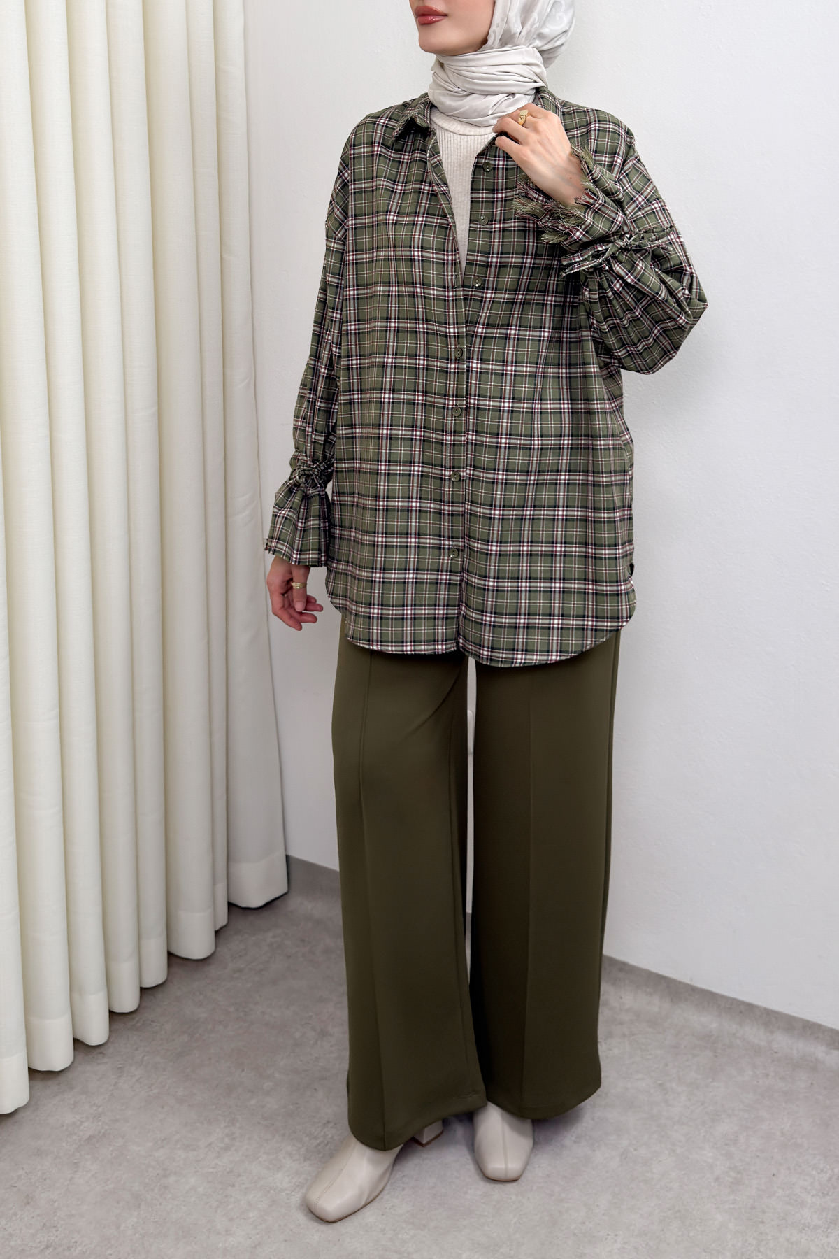 Kol Büzgülü Ekoseli Gömlek 0067 - HAKİ |  