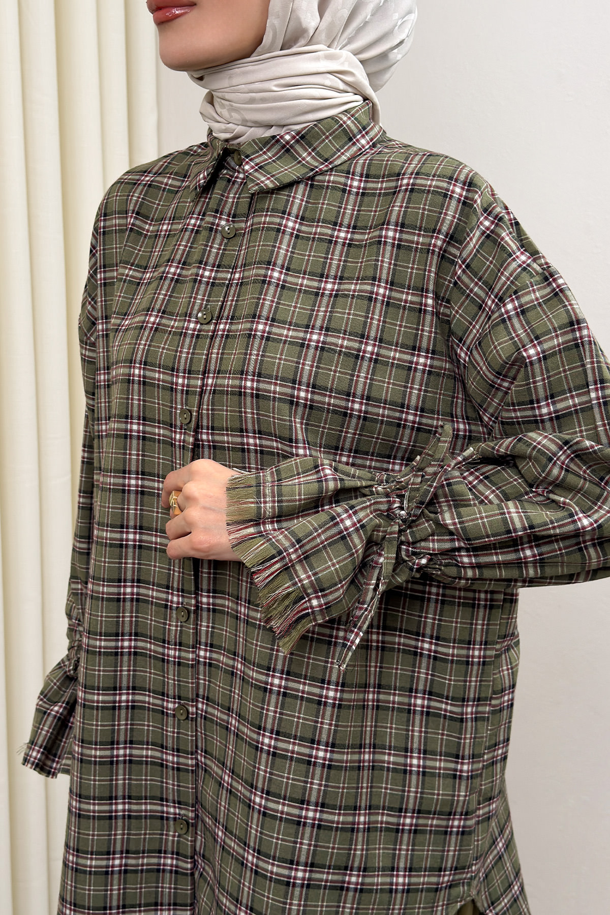 Kol Büzgülü Ekoseli Gömlek 0067 - HAKİ |  