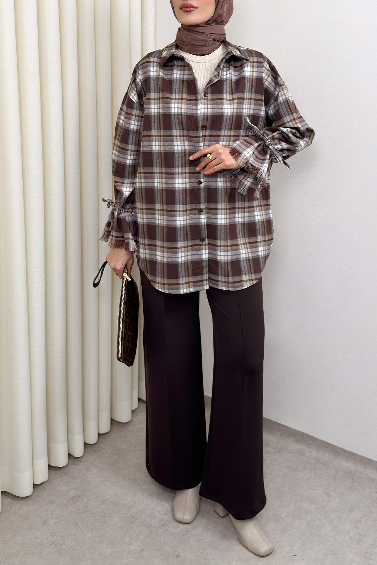 Kol Büzgülü Ekoseli Gömlek 0067 - KAHVERENGİ |  