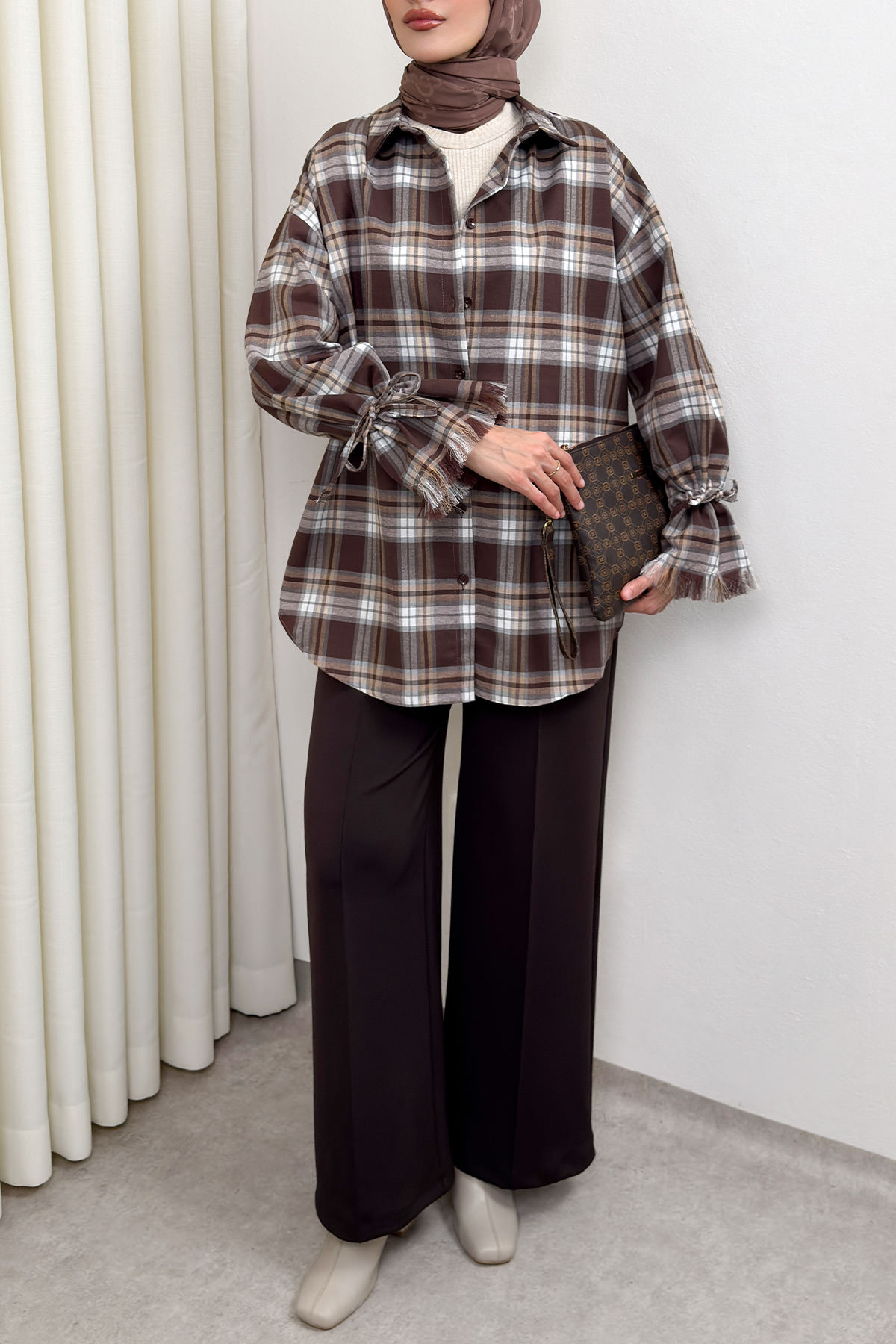 Kol Büzgülü Ekoseli Gömlek 0067 - KAHVERENGİ |  