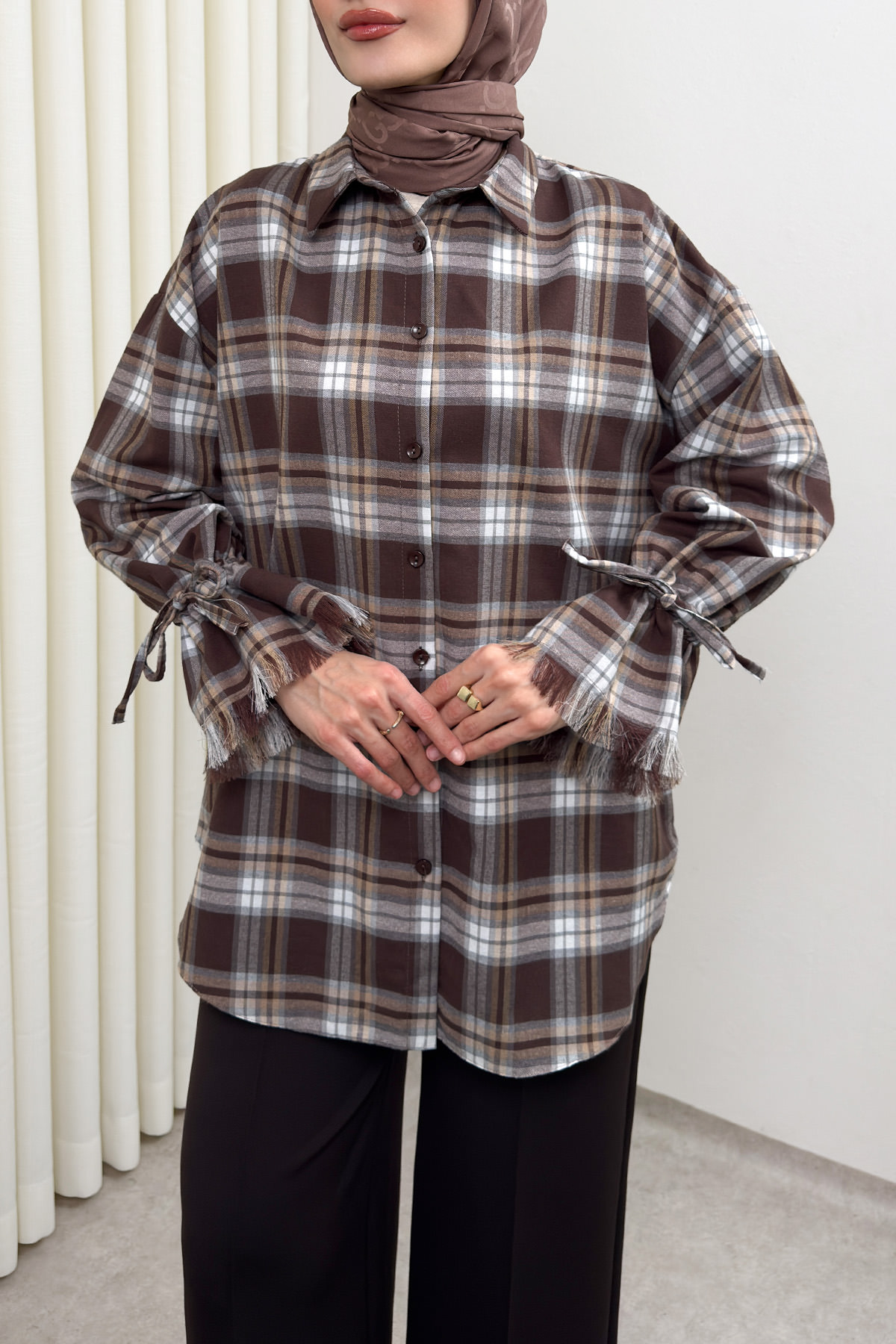 Kol Büzgülü Ekoseli Gömlek 0067 - KAHVERENGİ |  