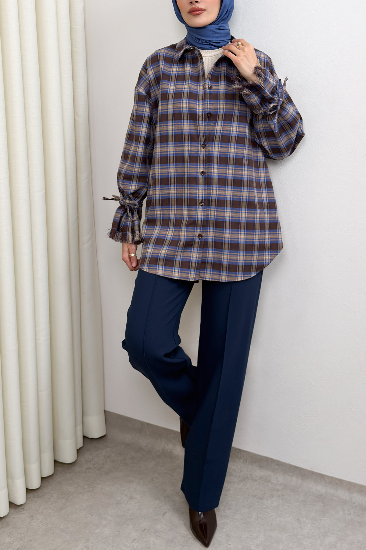 Kol Büzgülü Ekoseli Gömlek 0067 - LACİVERT |  