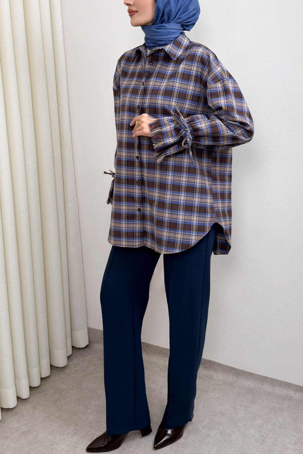 Kol Büzgülü Ekoseli Gömlek 0067 - LACİVERT |  