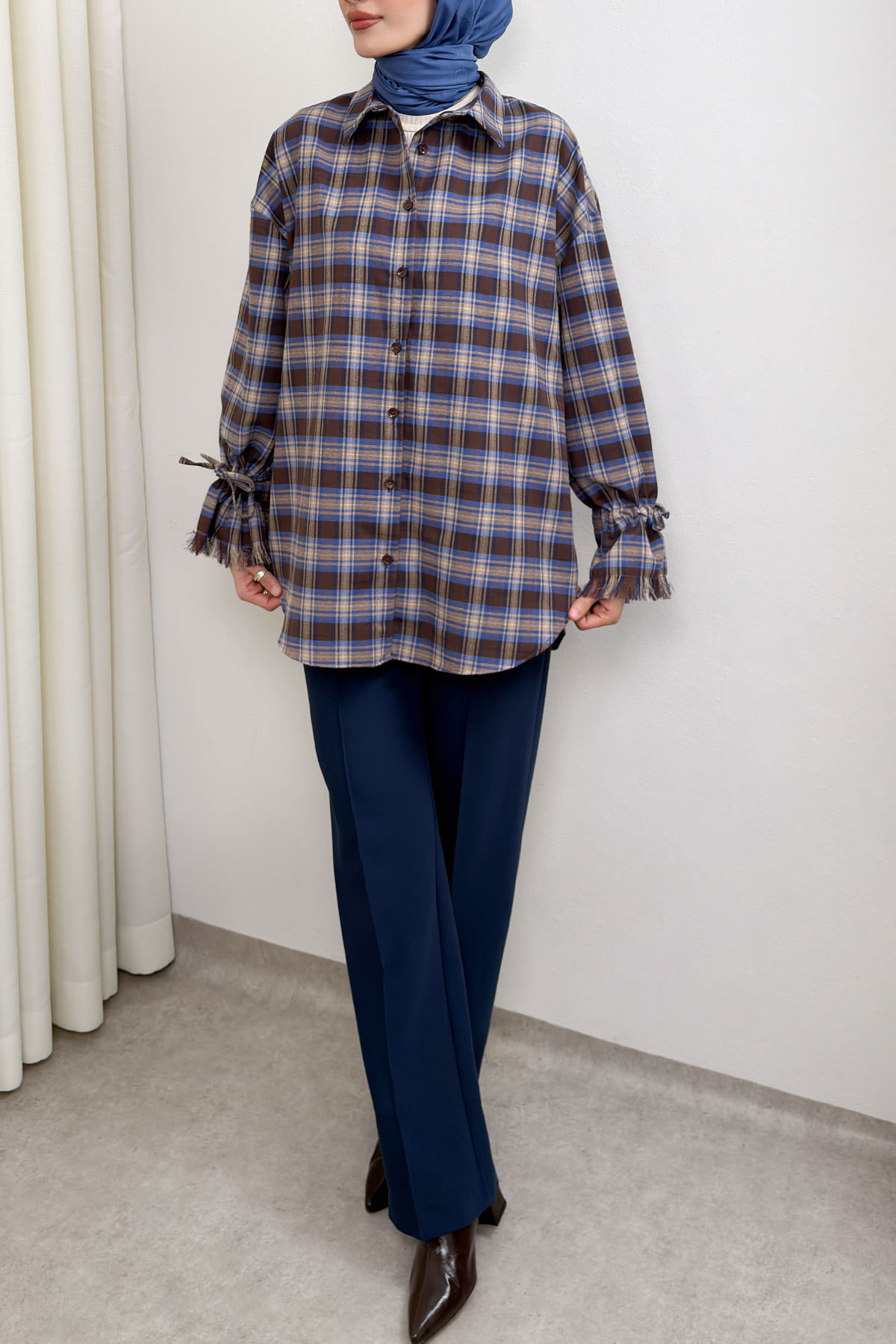 Kol Büzgülü Ekoseli Gömlek 0067 - LACİVERT |  