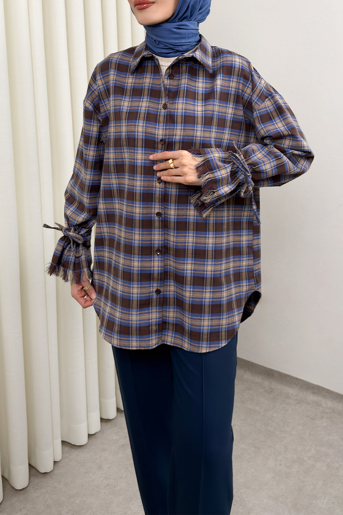 Kol Büzgülü Ekoseli Gömlek 0067 - LACİVERT |  