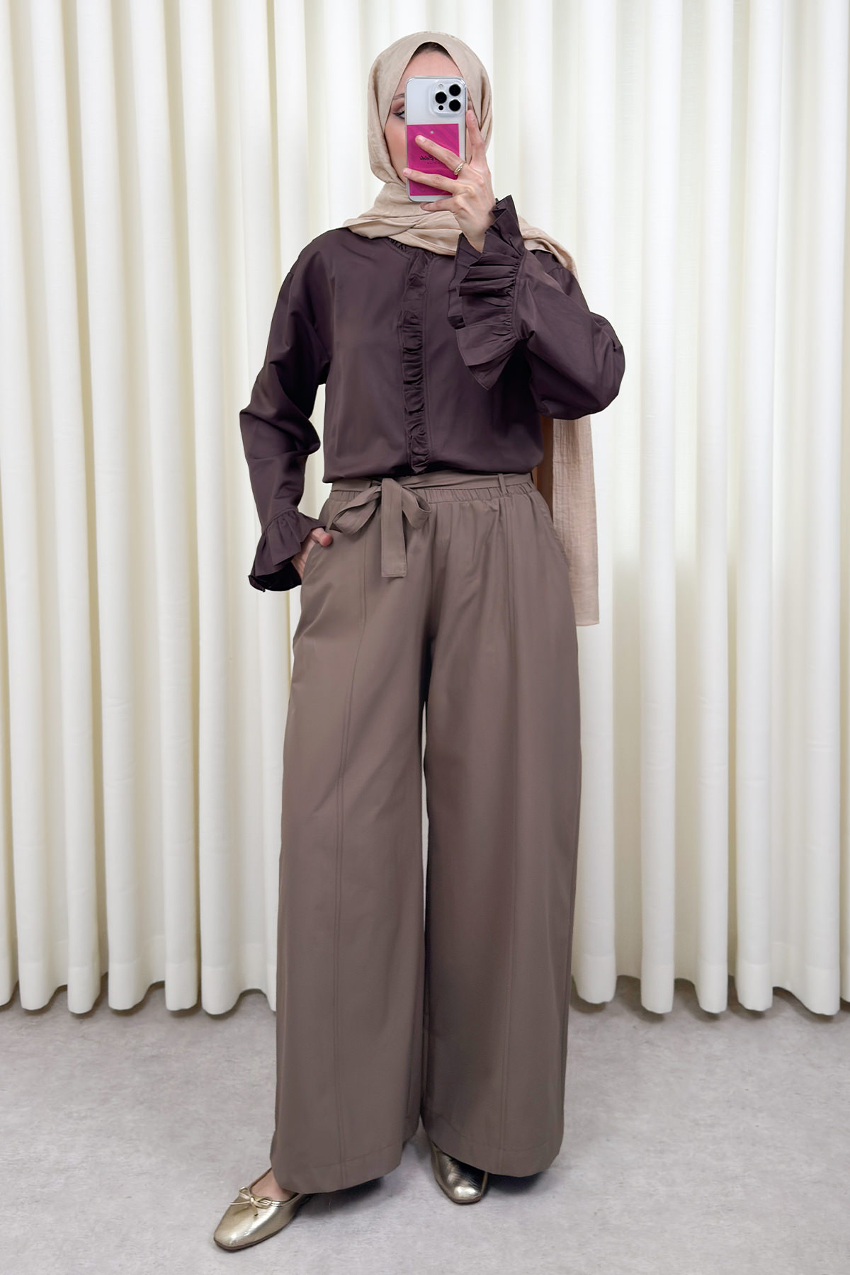 Kuşaklı Bol Paça Pantolon 0068 - AÇIK KAHVE |  