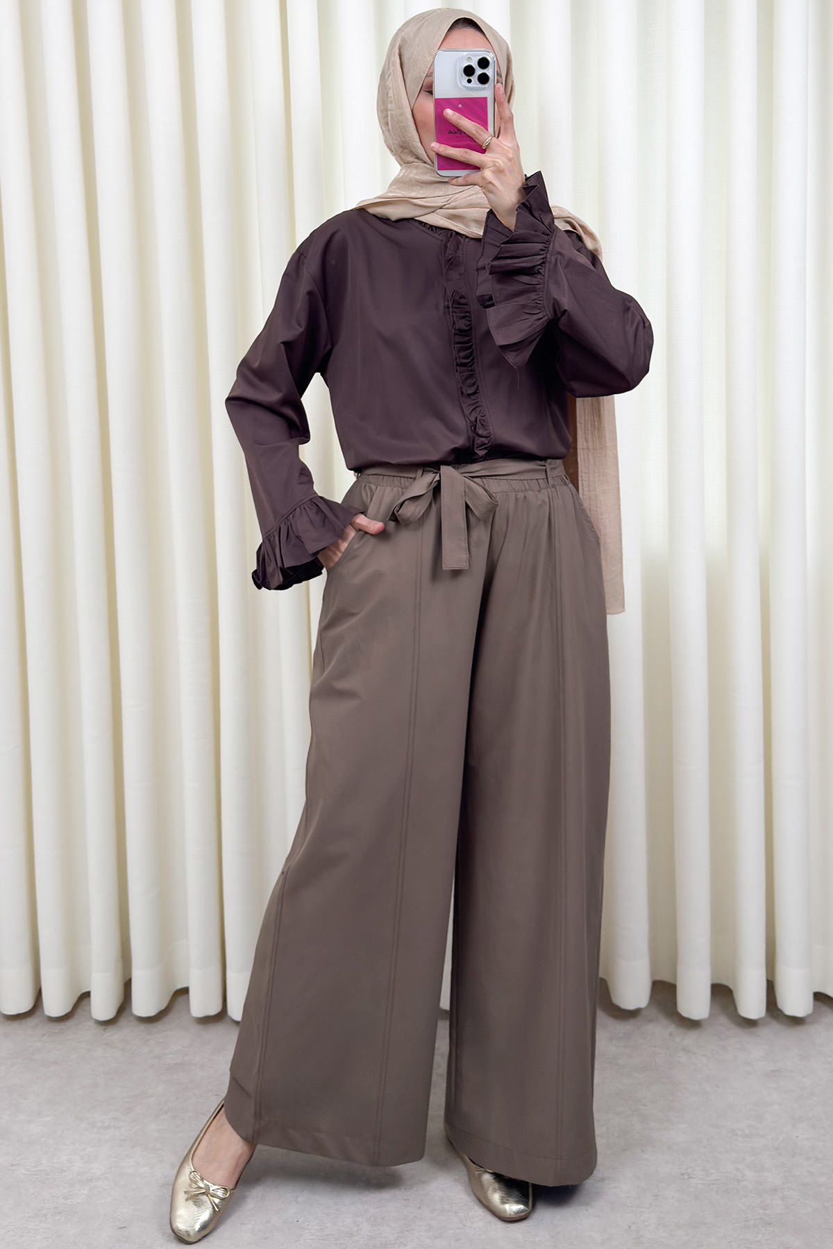 Kuşaklı Bol Paça Pantolon 0068 - AÇIK KAHVE |  