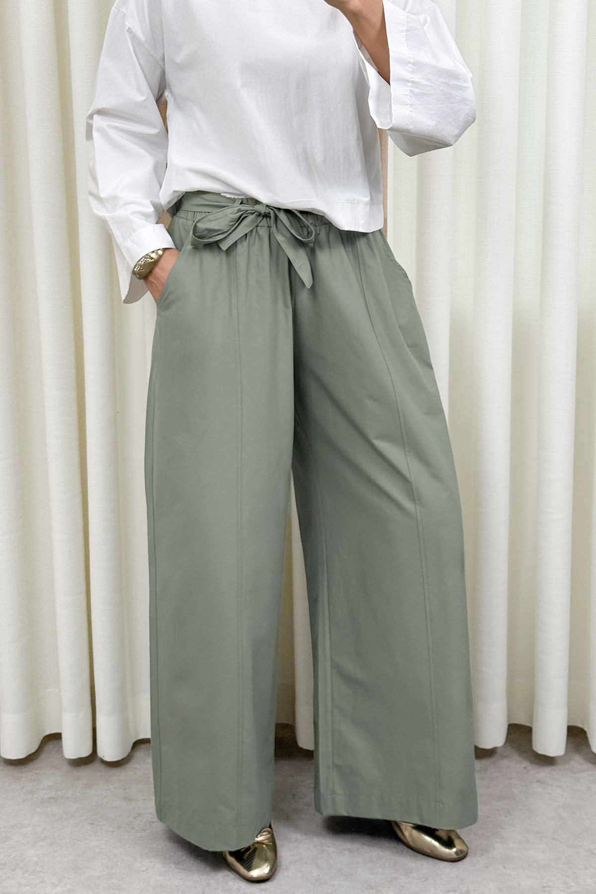 Kuşaklı Bol Paça Pantolon 0068 - HAKİ |  