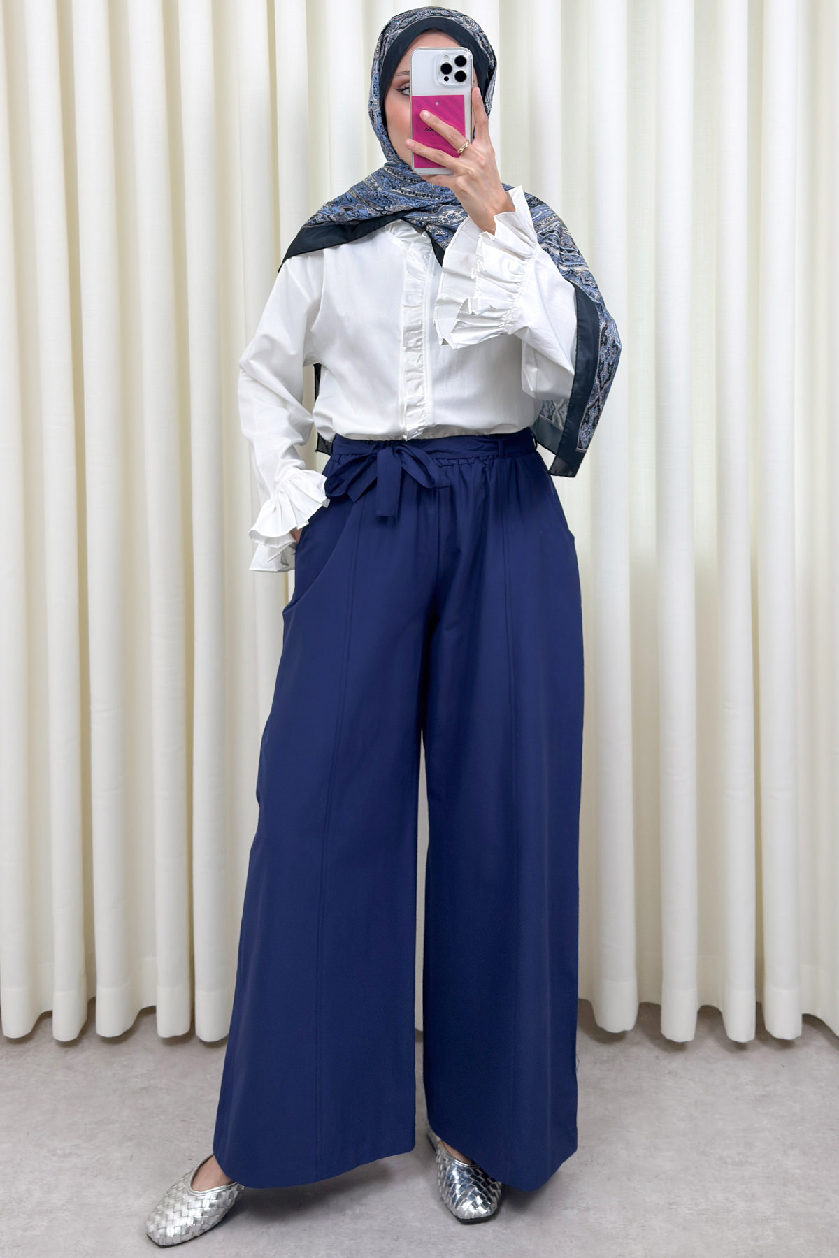 Kuşaklı Bol Paça Pantolon 0068 - LACİVERT |  