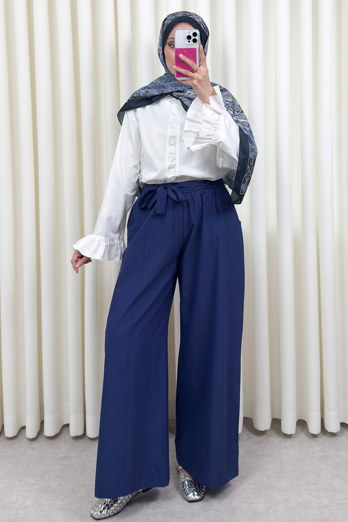 Kuşaklı Bol Paça Pantolon 0068 - LACİVERT |  