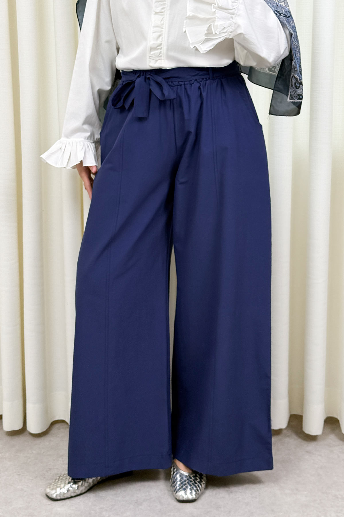 Kuşaklı Bol Paça Pantolon 0068 - LACİVERT |  