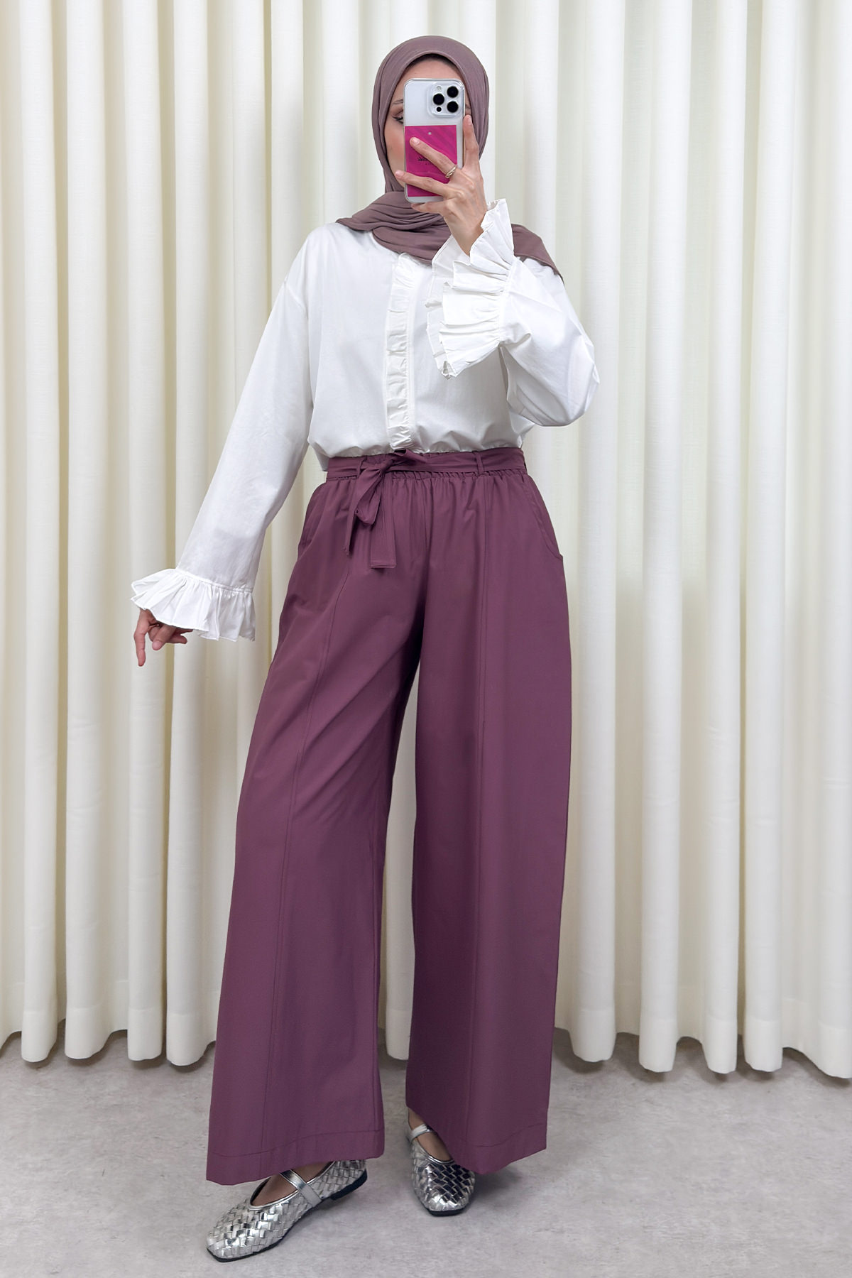 Kuşaklı Bol Paça Pantolon 0068 - MÜRDÜM |  