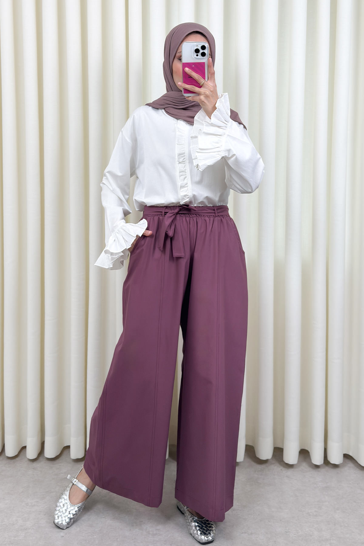 Kuşaklı Bol Paça Pantolon 0068 - MÜRDÜM |  