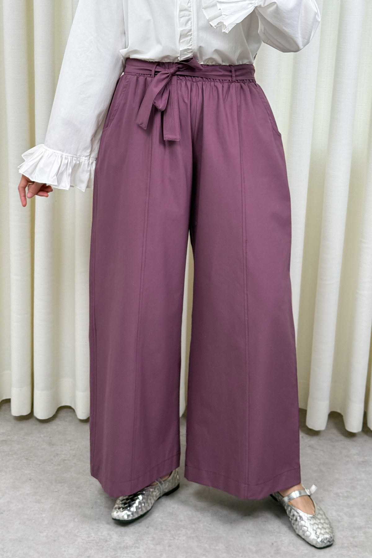 Kuşaklı Bol Paça Pantolon 0068 - MÜRDÜM |  