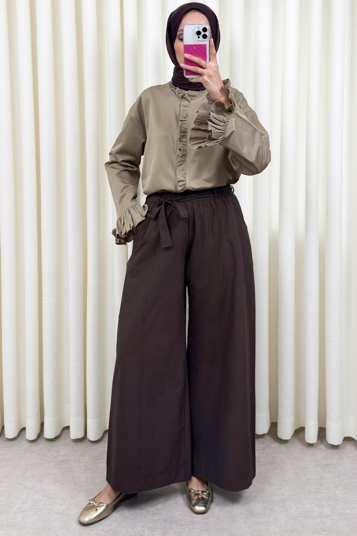 Kuşaklı Bol Paça Pantolon 0068 - KOYU KAHVERENGİ |  