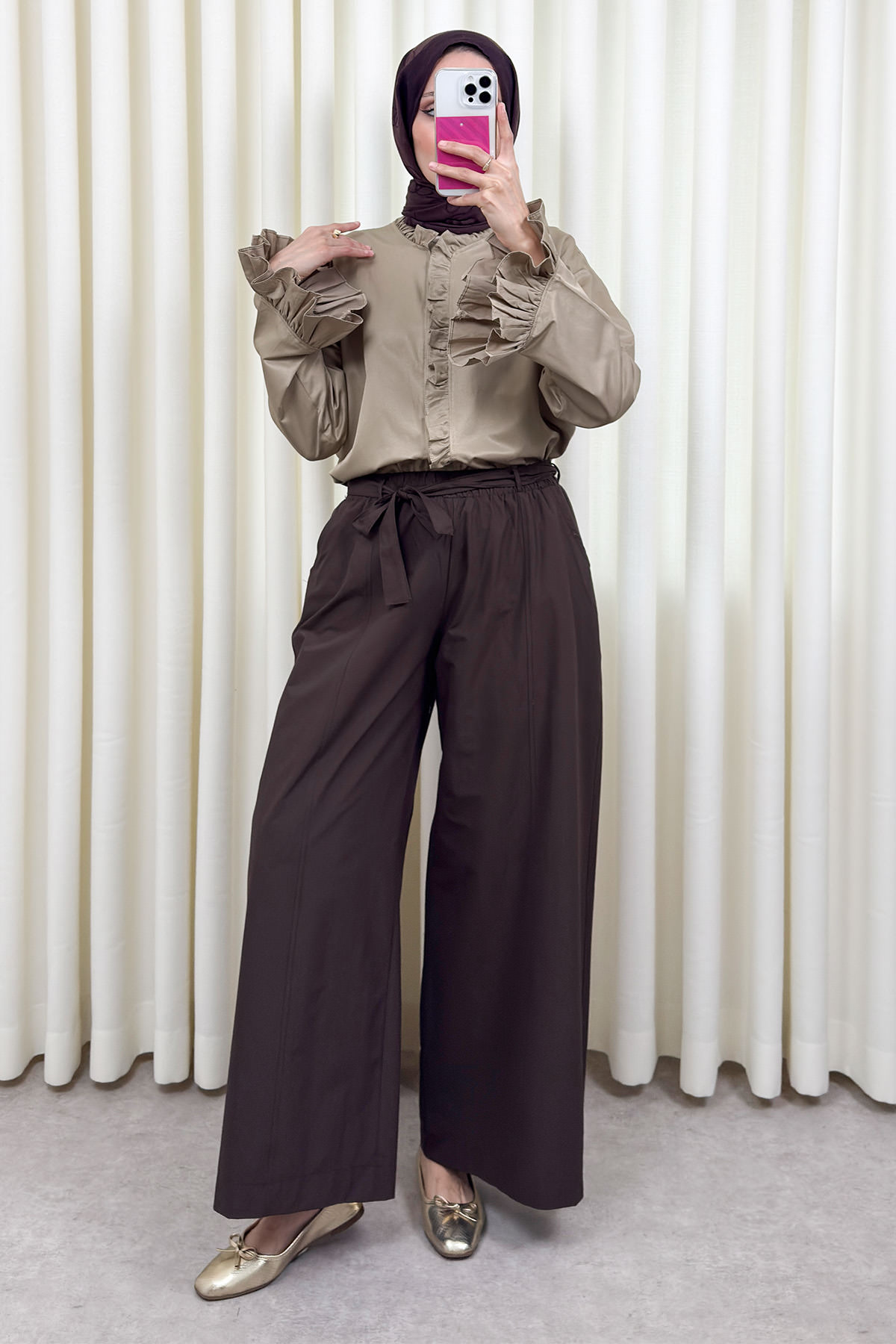 Kuşaklı Bol Paça Pantolon 0068 - KOYU KAHVERENGİ |  