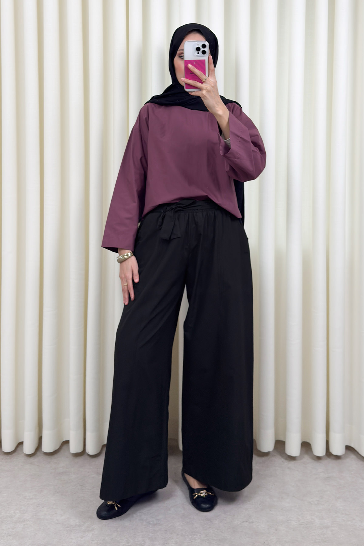 Kuşaklı Bol Paça Pantolon 0068 - SİYAH |  