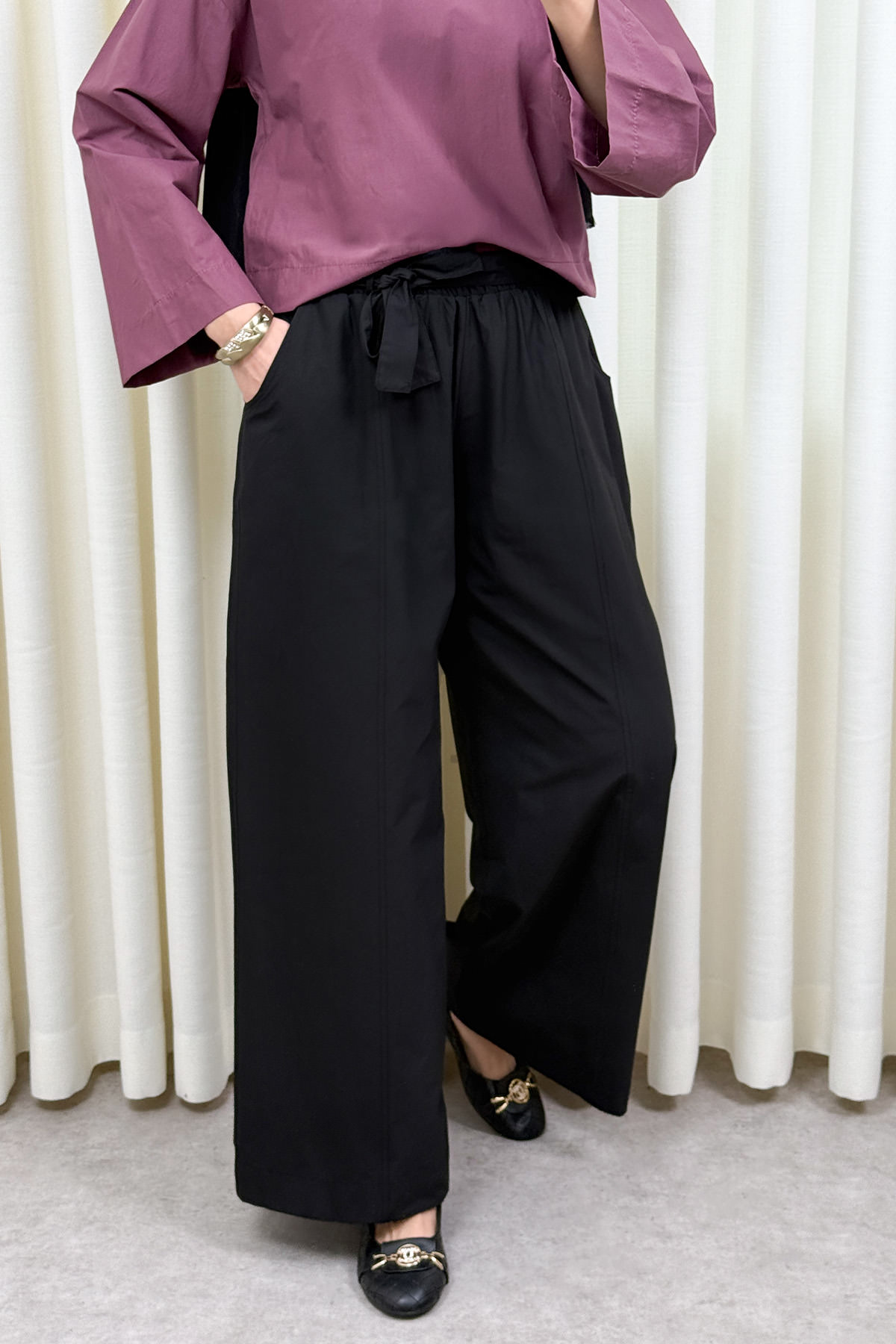 Kuşaklı Bol Paça Pantolon 0068 - SİYAH |  