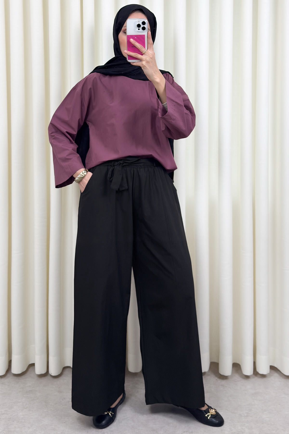 Kuşaklı Bol Paça Pantolon 0068 - SİYAH |  