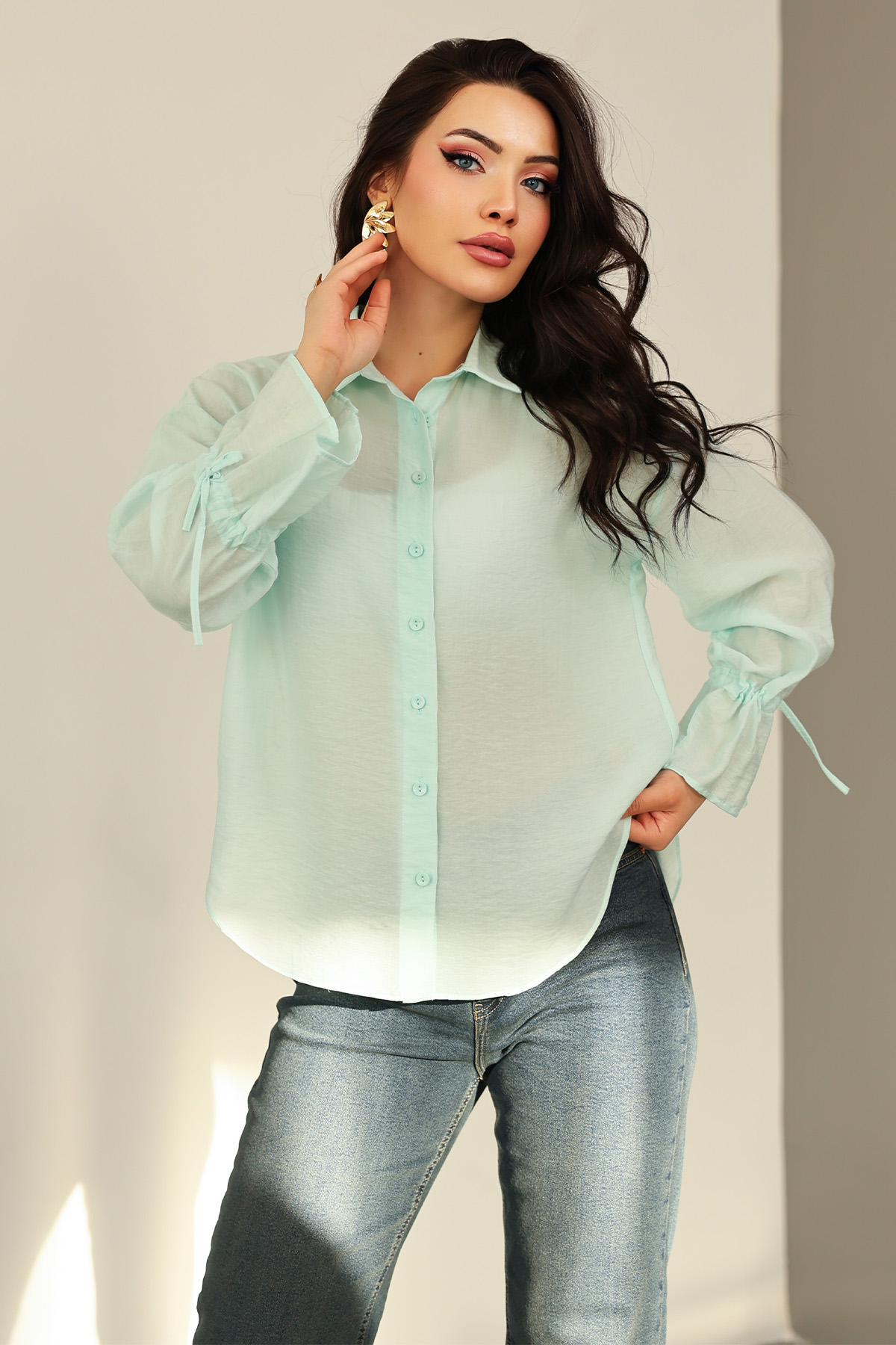 Kol Büzgülü Gömlek 0069 - MİNT YEŞİLİ |  