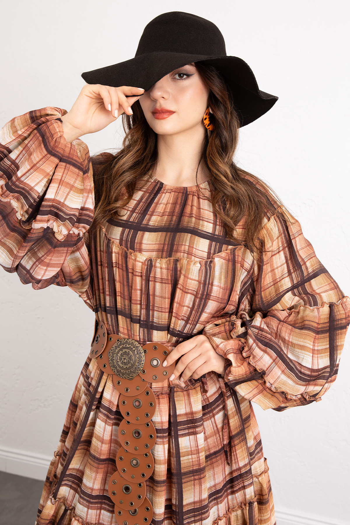 Katlı Ekose Elbise 0072 - KAHVERENGİ |  