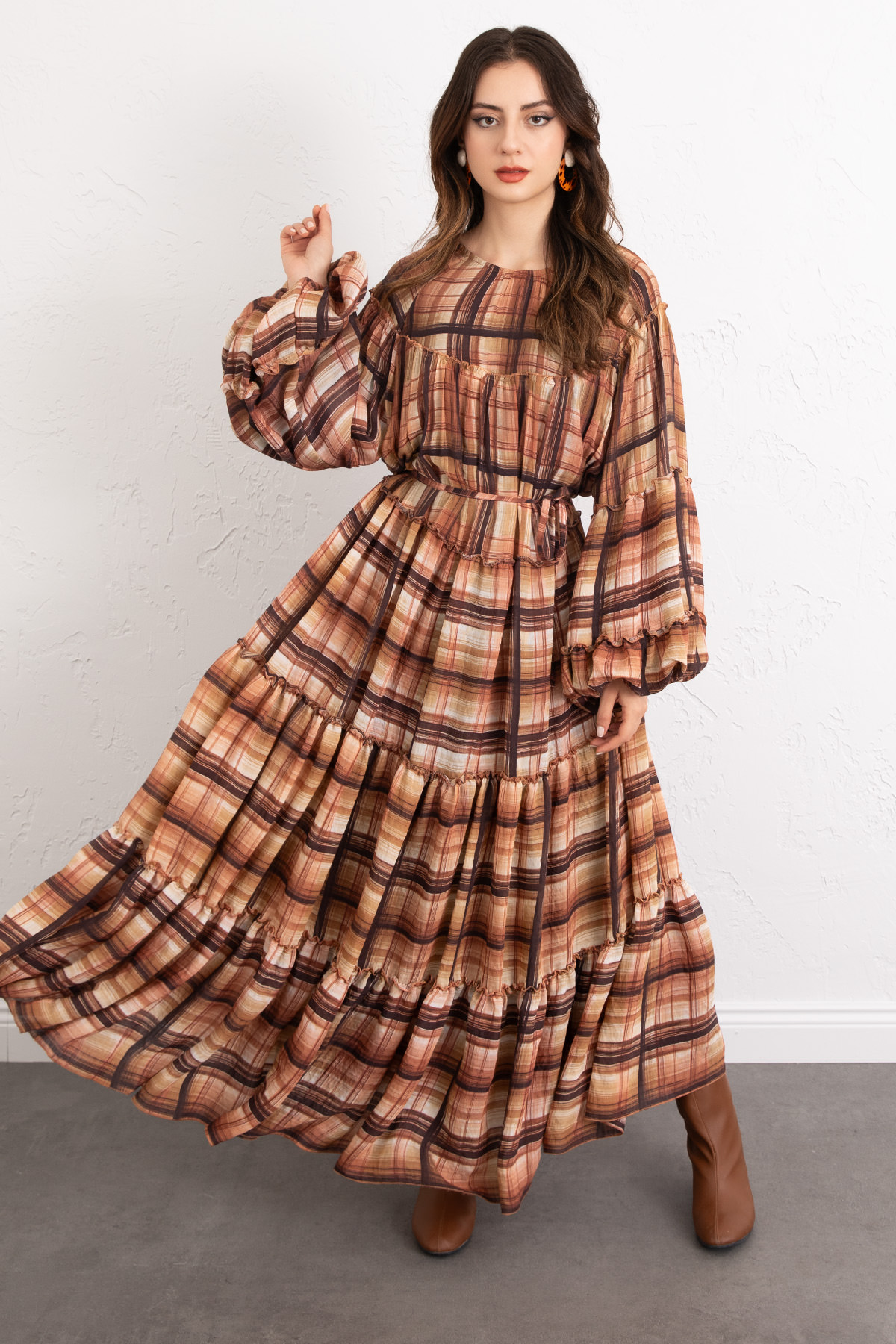 Katlı Ekose Elbise 0072 - KAHVERENGİ |  