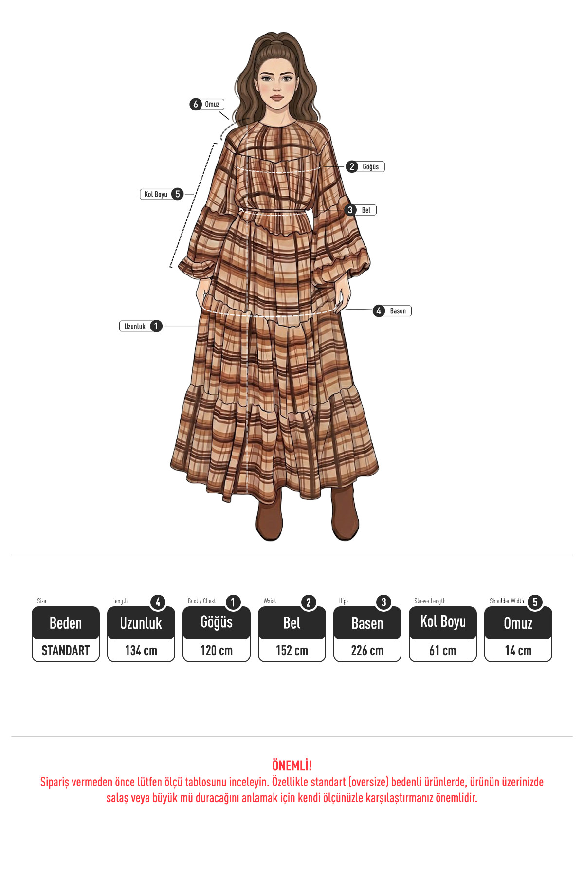 Katlı Ekose Elbise 0072 - KAHVERENGİ |  