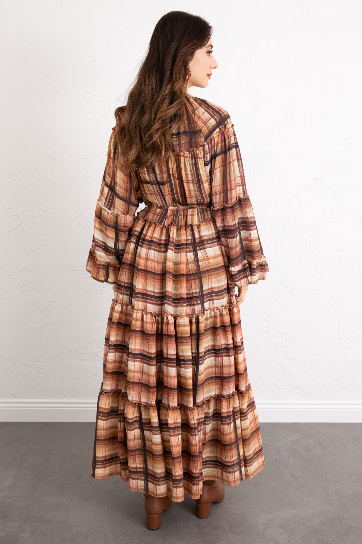 Katlı Ekose Elbise 0072 - KAHVERENGİ |  