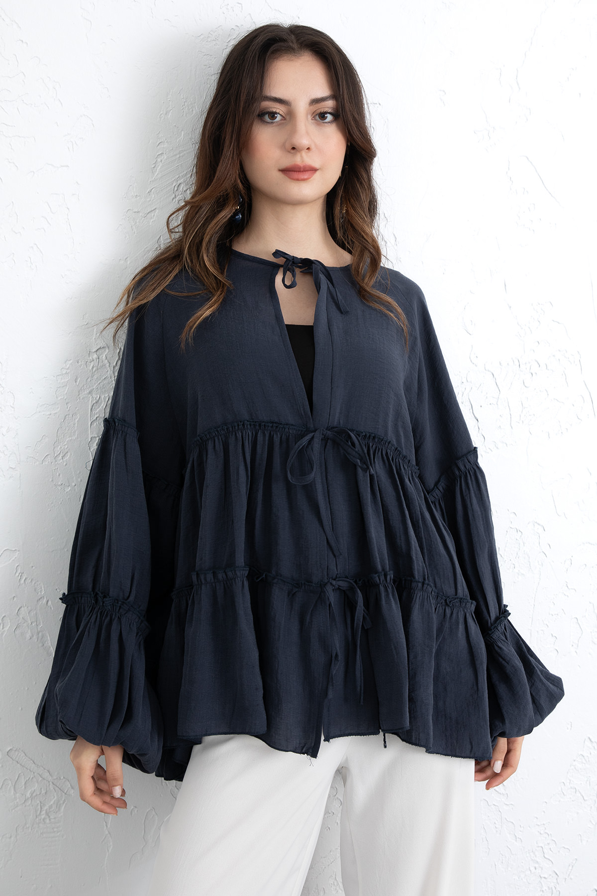 İp Bağcıklı Katlı Bluz 0073 - LACİVERT |  